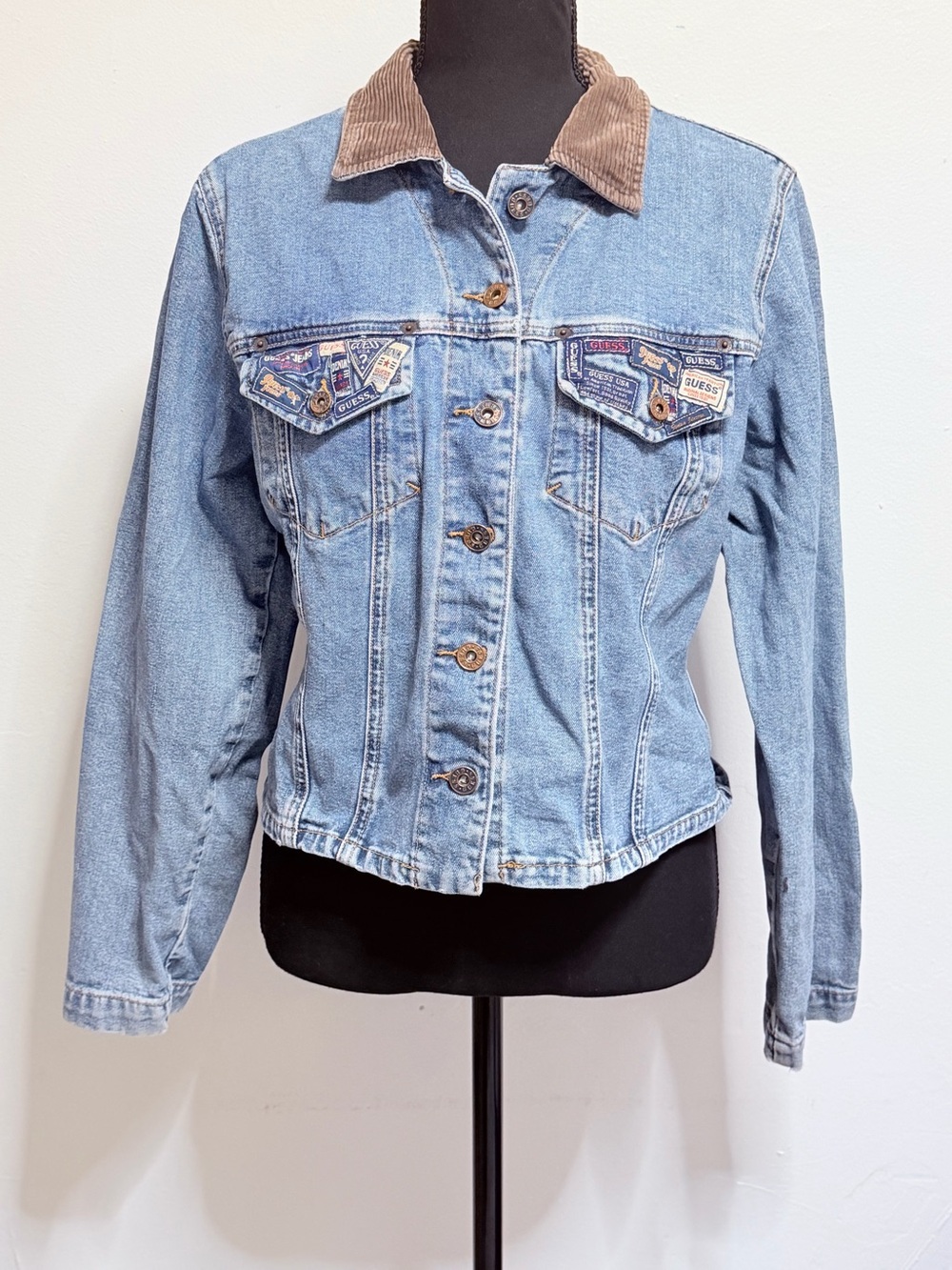 Guess Light Blue Denim Jacket with Brown Corduroy Collar Vintage Large